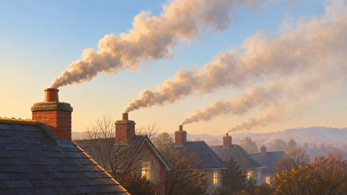 Woodsmoke streaming from a row of chimneys across a hillside suburb at sunrise