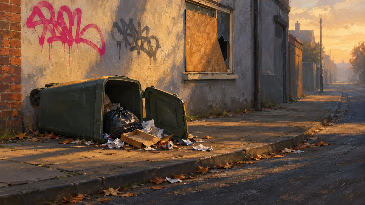 A tipped-over wheelie bin, graffiti tags and a boarded-up window on a back street