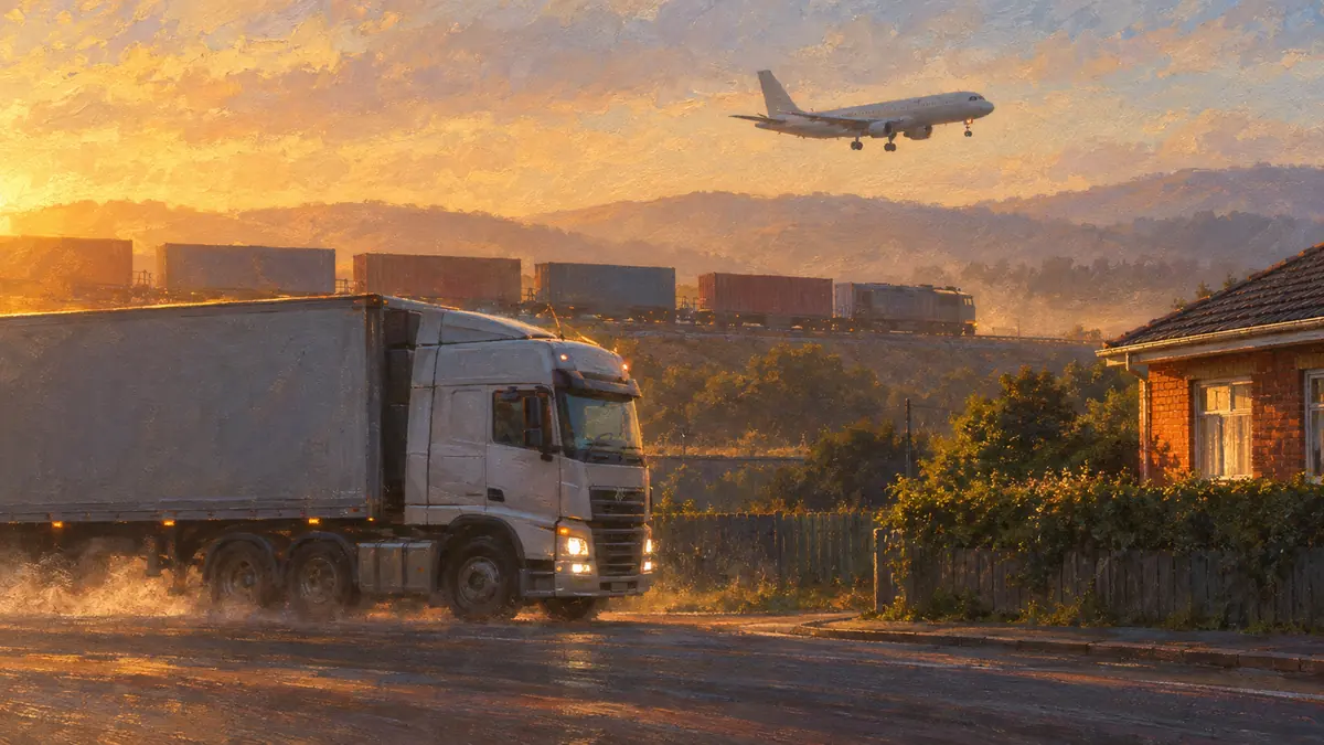 A heavy truck on a road past a house, a freight train on the embankment behind it and an airliner on approach overhead