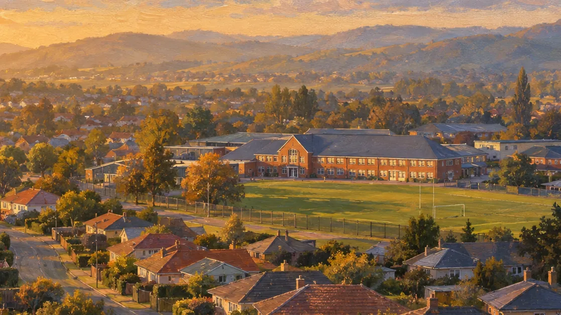 A suburb at sunset seen from a hill, streets of houses running down to a school and its playing field